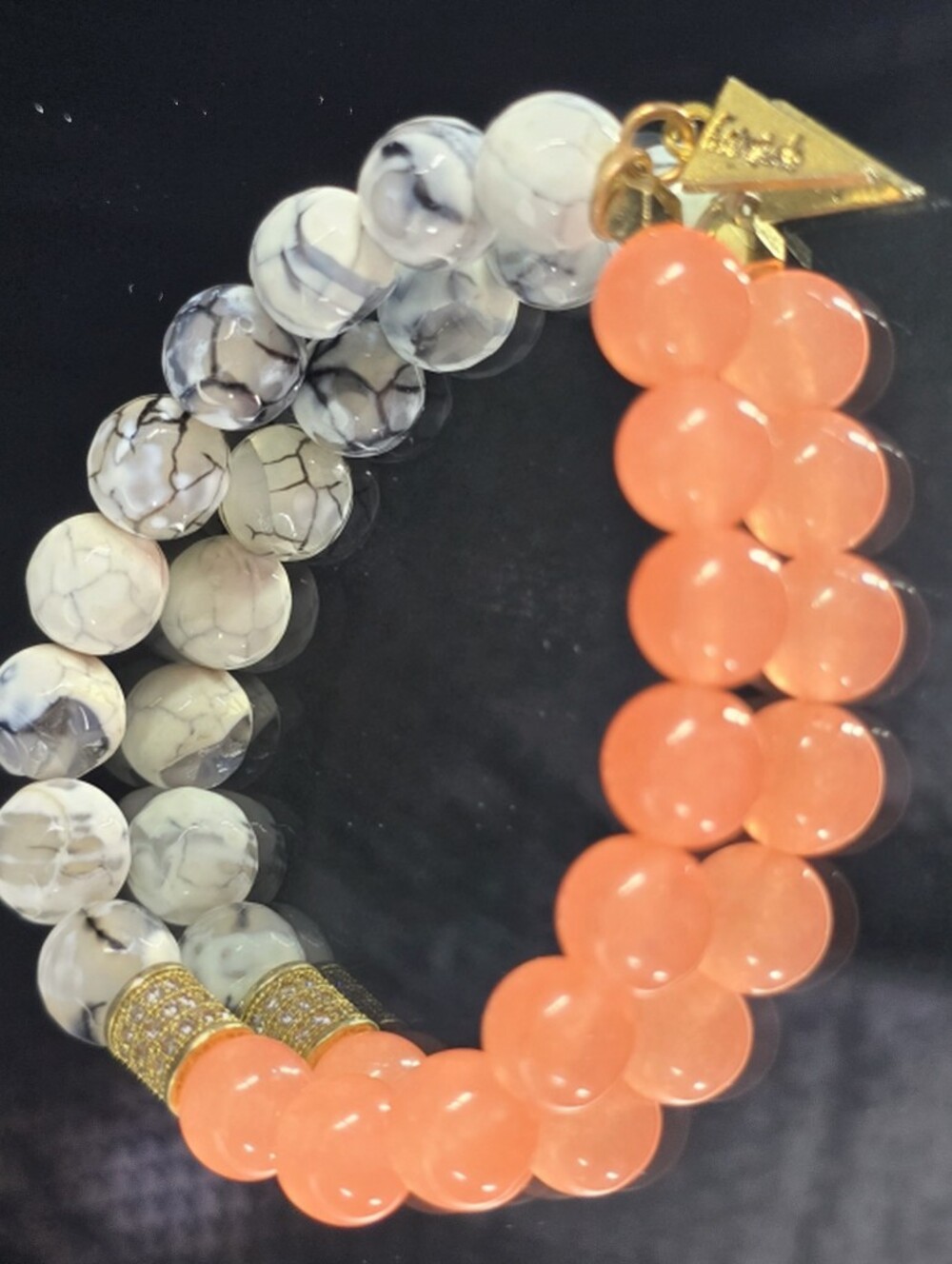 Erimish Peach & White Marble Glass Bead Stretch Bracelet With Rhinestone Accents
